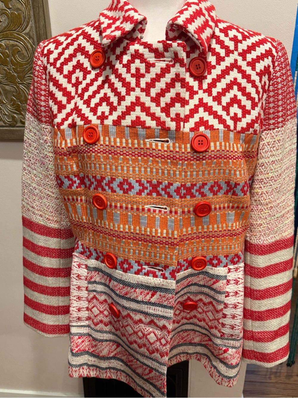Euro Desigual Red & Orange Patterned Knit Cardigan Jacket